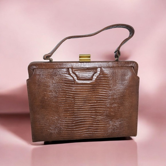 The Unbranded Brand Handbags - Vintage 1950-1960 Reptile Brown Lizard Style Handbag Purse Satchel